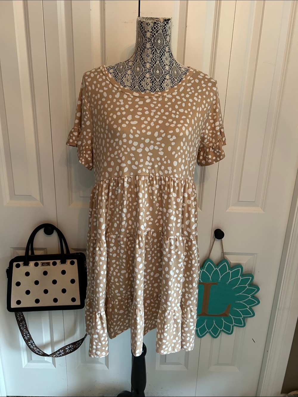 Beige polka dot Oddy tiered babydoll dress. Size small.